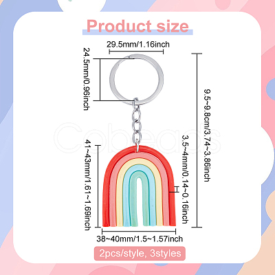 6Pcs 3 Colors Colorful Rainbow Polymer Clay Pendant Keychain KEYC-FG0001-10-1