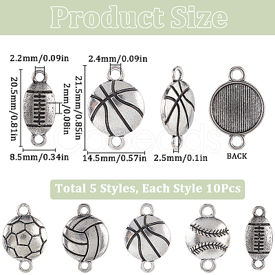 50Pcs 5 Styles Tibetan Style Sport Ball Alloy Connector Charms TIBE-SC0001-95-1