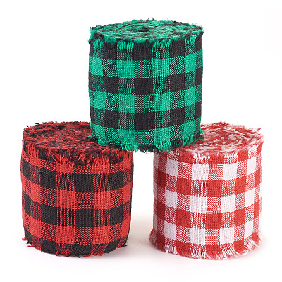 3 Rolls 3 Colors Tartan Cotton Linen Frayed Ribbon OCOR-TAC0035-11A-1