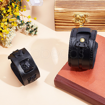 2Pcs 2 Styles Cowhide Cord Wide Cord Bracelets BJEW-CL0001-38A-1