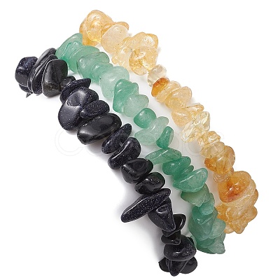 3Pcs 3 Styles Natural Citrine & Green Aventurine & Synthetic Blue Goldstone Chips Stretch Bracelets Sets BJEW-JB11076-08-1