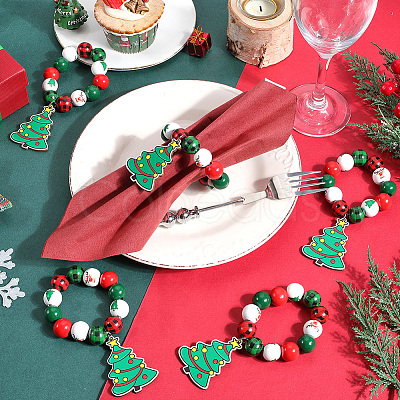 Christmas Tree Wood Beaded Napkin Rings AJEW-SC00038-1