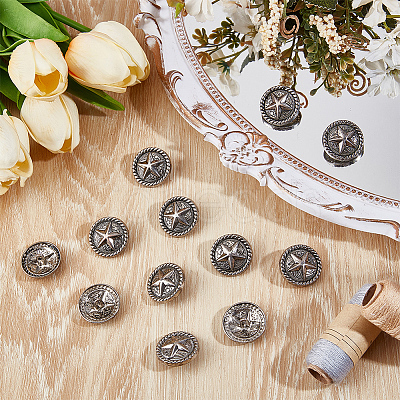 12Pcs 1-Hole Alloy Star with Flat Round Shank Buttons BUTT-GF0004-29AS-1