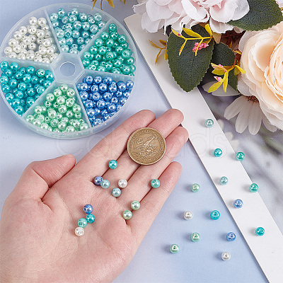 300Pcs 6 Colors Baking Paint Pearlized Glass Pearl Round Beads HY-AR0001-07-1