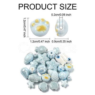 24Pcs 12 Styles Blue Color Theme Glazed Porcelain Beads PORC-YW0001-40-1