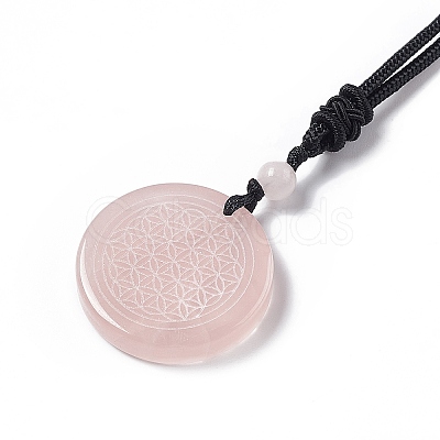Natural Rose Quartz Flat Round with Flower of Life Pendant Necklace with Nylon Cord for Women NJEW-P274-02-06-1
