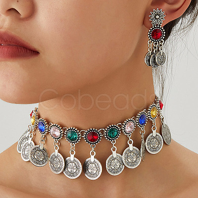 Alloy Rhinestone Flat Round Coin Tassel Necklaces & Stud Dangle Earrings Sets FS-WG925BB-01-1