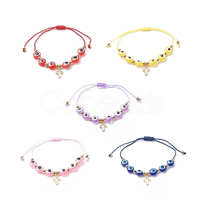Brass Tiny Cross Charms Braided Beaded Bracelets for Women BJEW-JB08743-1