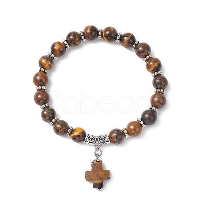 Natural Tiger Eye Cross Charm Bracelets BJEW-JB12259-03-1