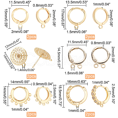 12Pcs 2 Style Brass Huggie Hoop Earring with 2Pcs Ring Stud Earring Findings KK-PH0002-84-1