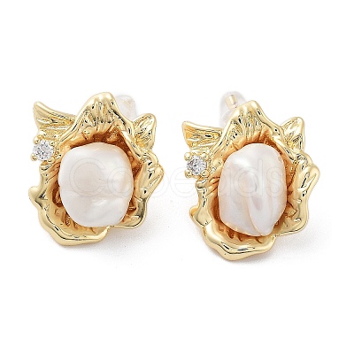 Flower Natural Pearl Stud Earrings with Brass Micro Pave Cubic Zirconia and 925 Sterling Silver Pins EJEW-P256-93G-1