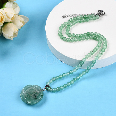 Natural Green Aventurine 4.5mm Round Beaded Flower Pendant Necklaces NJEW-T016-04F-1