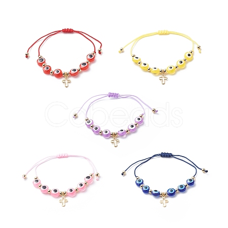 Brass Tiny Cross Charms Braided Beaded Bracelets for Women BJEW-JB08743-1