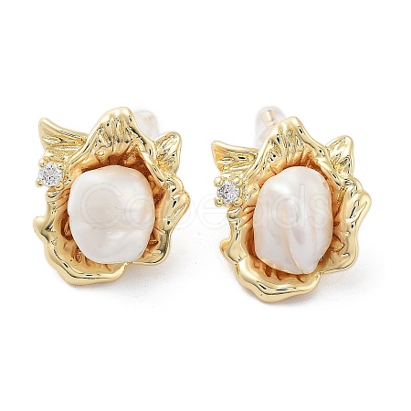 Flower Natural Pearl Stud Earrings with Brass Micro Pave Cubic Zirconia and 925 Sterling Silver Pins EJEW-P256-93G-1