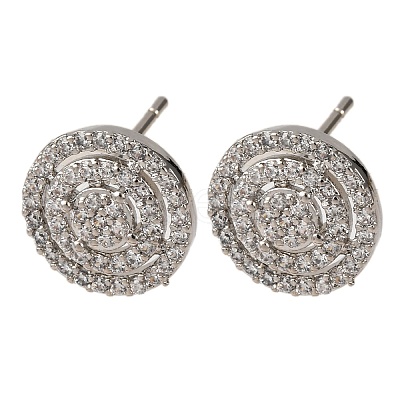 Brass Micro Pave Clear Cubic Zirconia Flat Round Stud Earrings EJEW-H165-05P-1