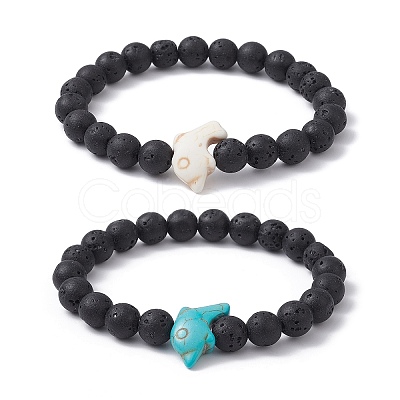 2Pcs 2 Color Synthetic Turquoise Dolphin & Lava Rock Stretch Bracelets Set BJEW-JB09838-1