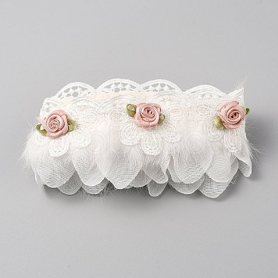 Polyester Flower Lace Ribbons with Faux Feather SRIB-WH0011-245-1