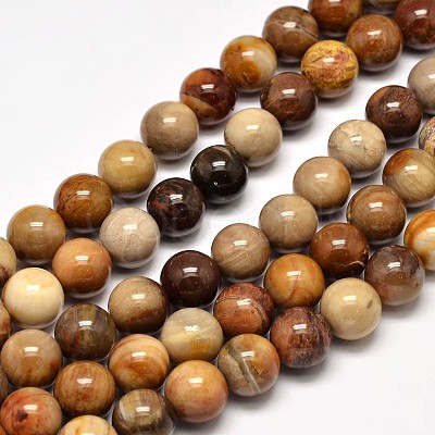 Natural Petrified Wood Round Bead Strands G-F266-08-10mm-1