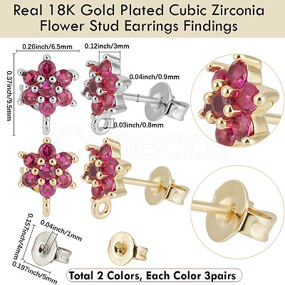 6 Pairs 2 Colors Brass Micro Pave Cubic Zirconia Stud Earring Findings ZIRC-BBC0003-24B-1