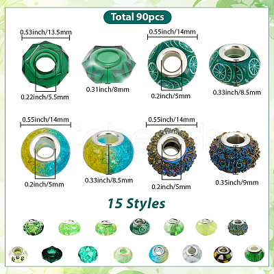 90Pcs 15 Styles Green Series Large Hole Resin European Beads OPDL-SP0001-02-1