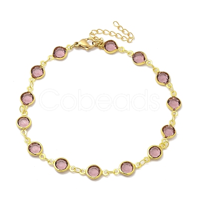 304 Stainless Steel Flat Round Acrylic Rhinestone Cup Chain Anklets for Women AJEW-B031-02G-01-1