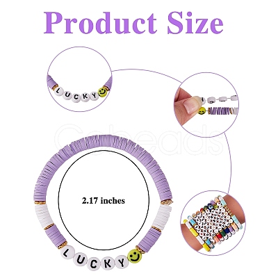 10Pcs 10 Style Encourage Word Polymer Clay Heishi Surfer Stretch Bracelets Set with Heart BJEW-SW00041-1