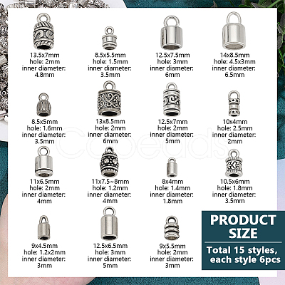 90Pcs 15 Styles Alloy Cord Ends FIND-PH0026-30-1