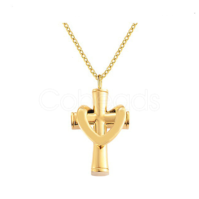 Stainless Steel Cross Cremation Urn Pendant Necklaces BOTT-PW0009-001G-1