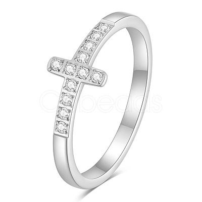 Cross Stainless Steel Micro Pave Clear Cubic Zirconia Finger Rings for Women FS-WG88B59-02-1