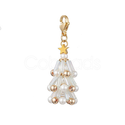 Christmas Tree Glass & Shell Pearl Pendant Decorations HJEW-TA00182-02-1