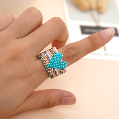 Adjustable Bohemian Style 304 Stainless Steel and Glass Seed Beads Cuff Rings FS-WG09053-01-1