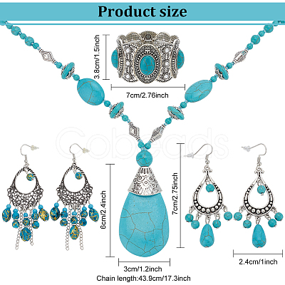 ANATTASOUL 2 Sets 2 Style Synthetic Turquoise Teardrop Lariat Necklace & Chandelier & Oval Beaded Stretch Bracelet SJEW-AN0001-02-1