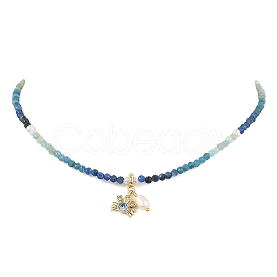 Gradient Color Brass Pave Cubic Zirconia Ocean Crab and Natural Pearl Pendant Natural Apatite & Kyanite & Amazonite Faceted Round Beaded Necklaces for Women NJEW-JN06241-1