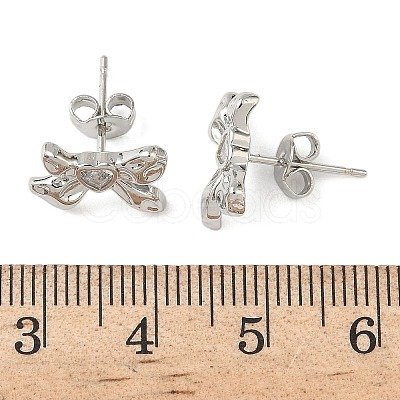 Brass Micro Pave Clear Cubic Zirconia Bowknot Stud Earrings EJEW-A145-02B-P-1