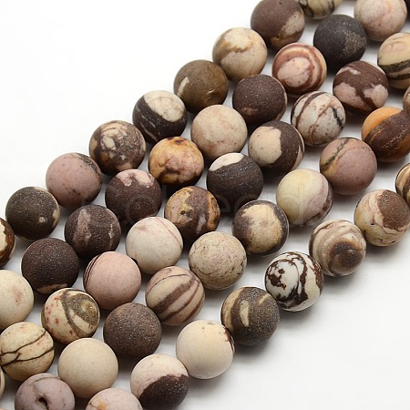 Natural Frosted Zebra Jasper Round Bead Strands G-M064-10mm-03-1