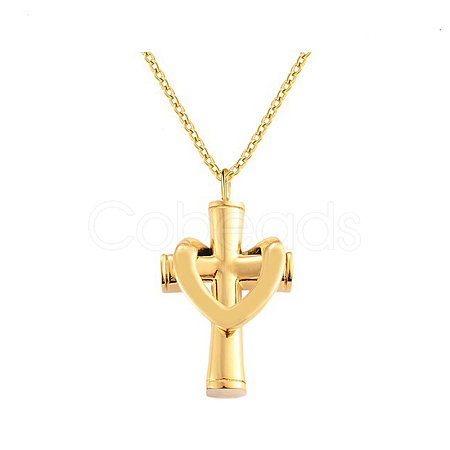 Stainless Steel Cross Cremation Urn Pendant Necklaces BOTT-PW0009-001G-1