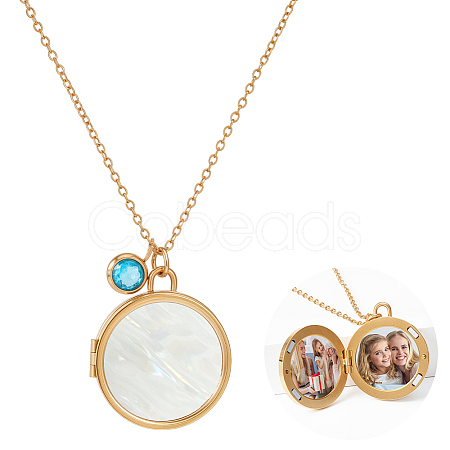 Stainless Steel Pave Natural White Shell Flat Round Magnetic Locket Pendant Necklaces for Women NJEW-NB00012-1