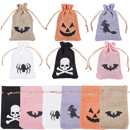 24Pcs 6 Colors  Halloween Burlap Packing Pouches Drawstring Bags ABAG-BC0001-49-1