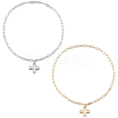 2Pcs 2 Colors Alloy Textured Cross Pendant Paperclip Chain Necklaces NJEW-ME0001-14-1