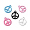 Spray Painted 201 Stainless Steel Pendants, Flat Round with Peace Sign Charm, Mixed Color, 15x12.5x1mm, Hole: 1.4mm