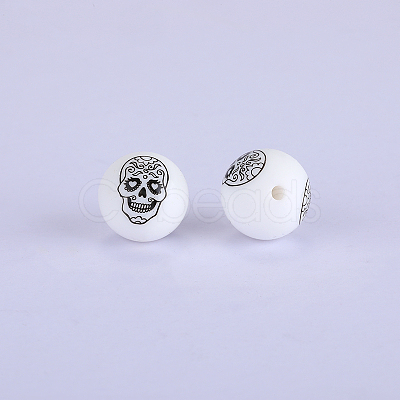 Printed Round with Skull Pattern Silicone Focal Beads SI-JX0056A-196-1