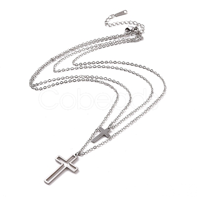Non-Tarnish 304 Stainless Steel Hollow Out Cross Pendant Double Layer Necklace with Cable Chains for Men Women NJEW-E088-01P-1