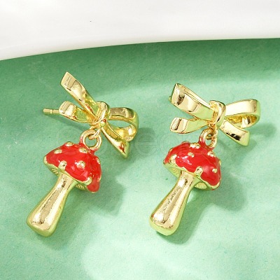 Mushroom with Bowknot Brass Enamel Dangle Stud Earrings EJEW-F895-25A-G-1