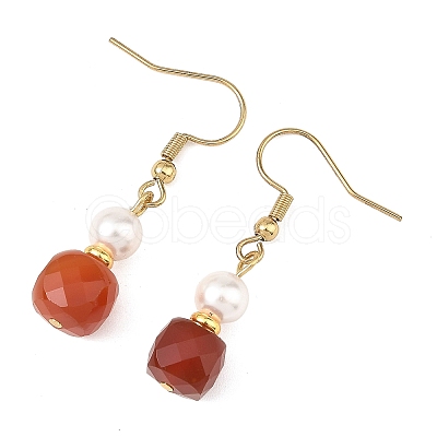 Natural Carnelian with Round Shell Pearl Beads Cube Dangle Earrings EJEW-JE07522-1