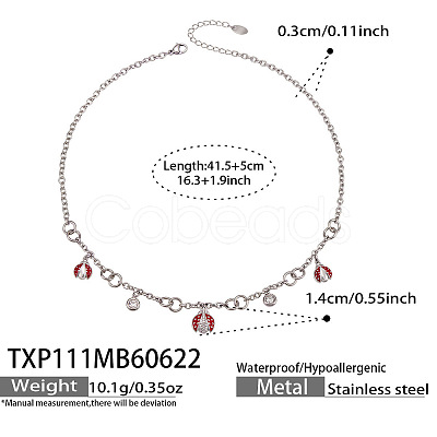 304 Stainless Steel Micro Pave Clear Cubic Zirconia Enamel Red Ladybug Pendant Necklaces for Women WG77B69-03-1