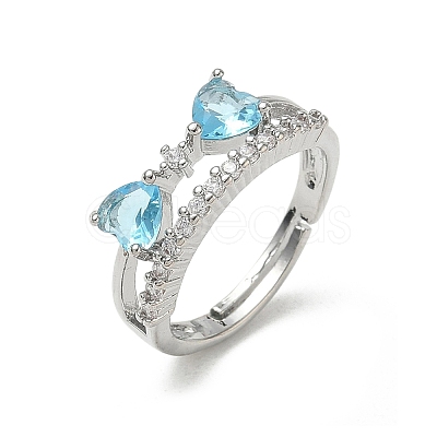 Adjustable Bowknot Shape Brass & Light Blue Cubic Zirconia Finger Rings CU-CBA7E55-07P-1