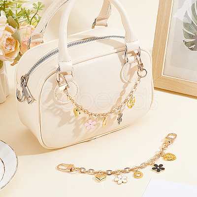 2Pcs 2 Colors Acrylic Heart & Alloy Enamel Pink and White Flower Pendant Alloy Cable Chain Bag Decorative Chains HJEW-BBC0001-35-1