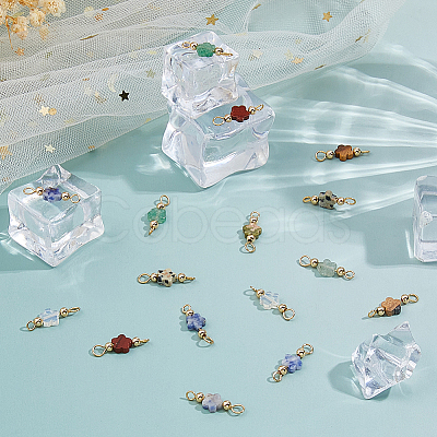 42Pcs 7 Styles Opalite & Natural Picture Jaspe & Blue Spot Jasper & Dalmatian Jasper & Unakite & Green Strawberry Quartz & Red Jasper Flower Connector Charms PALLOY-FH00163-1