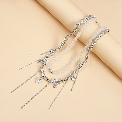 Alloy Pave Clear Cubic Zirconia and Glass Heart Star Moon Tassel 2-Strand Choker Necklaces for Women WGB35B4-01-1