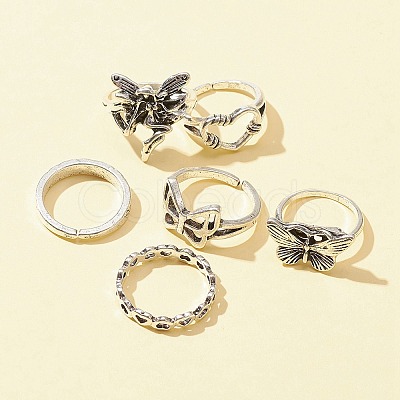 6Pcs 6 Style Butterfly & Heart & Chain Shape Alloy Stackable Rings Set RJEW-FS0001-05A-1